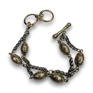 Premier Designs Two Tone‎ Toggle Bracelet Ornate Oval Bead Chain Layered Vintage